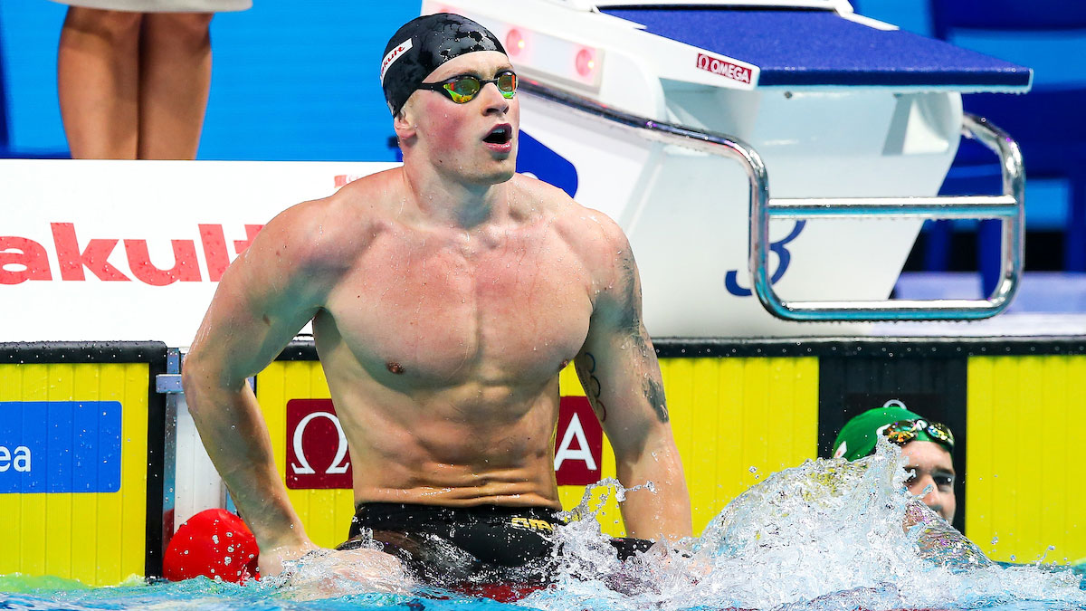 Adam Peaty celebrates winning gold at the Budapest 2017 World Championships. Used for news story about selection for the 2018 European Short Course Championships.