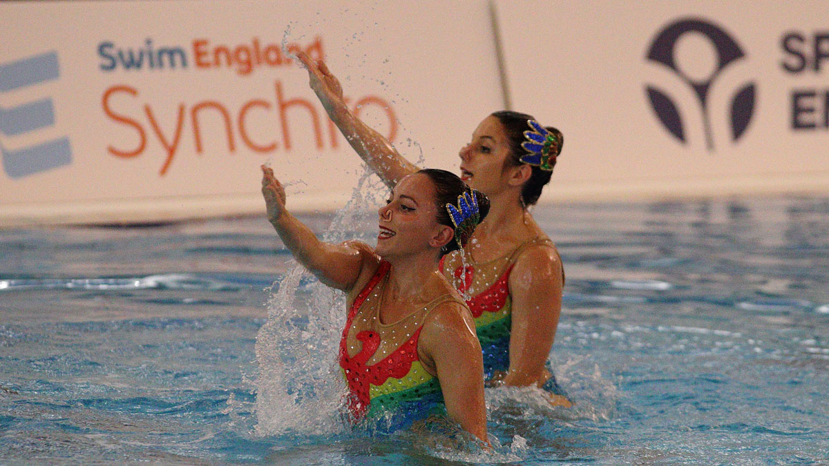 Louise Chambers and Laura Gee performing their free duet routine at the Swim England Synchro National Masters Championships 2017