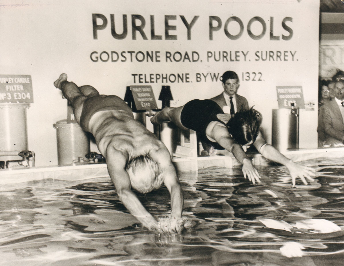 Trevor Baylis diving into Purley Pools. Taken from Swimming Times in May 2015.