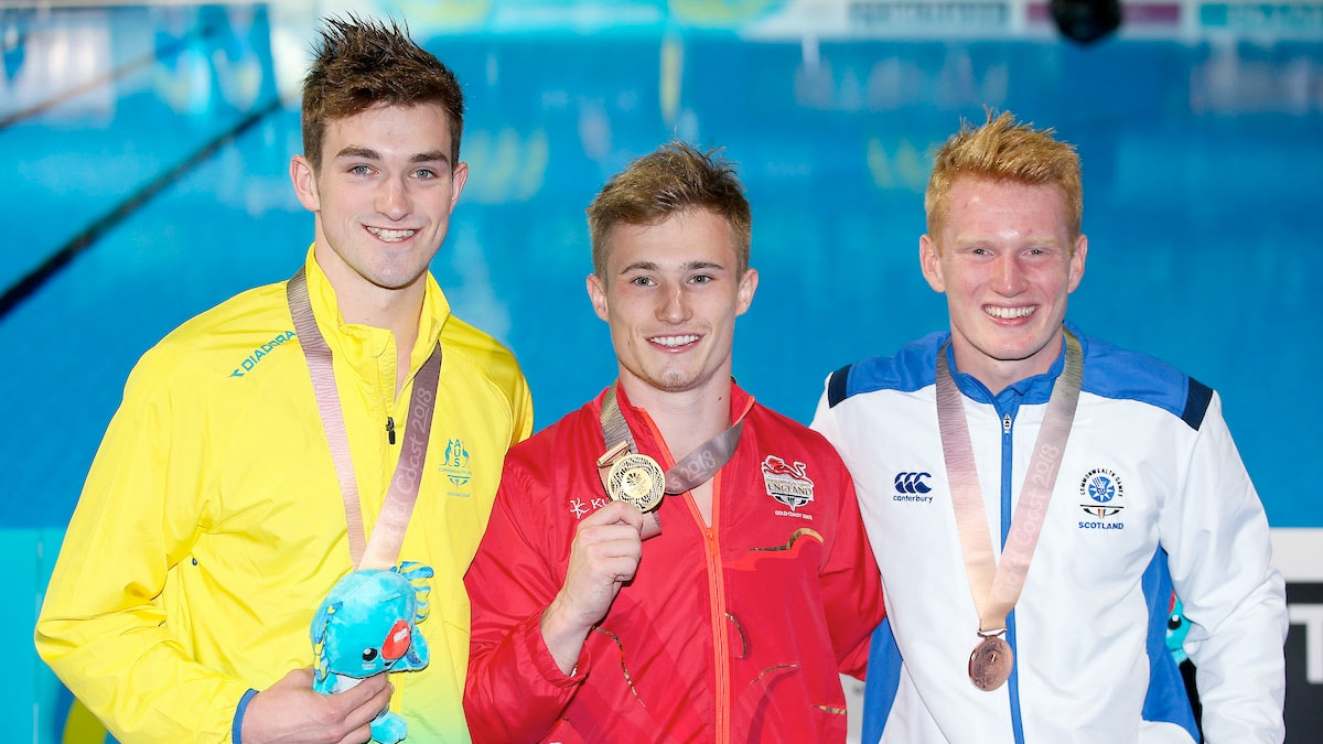 Jack Laugher on the podium at the Gold Coast 2018 Commonwealth Games after winning 1m gold