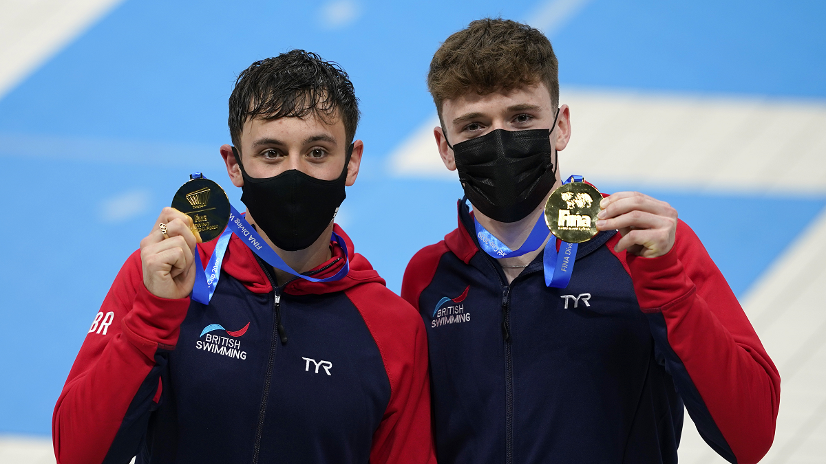 Tom Daley and Matty Lee with gold medals at FINA Diving World Cup 2021