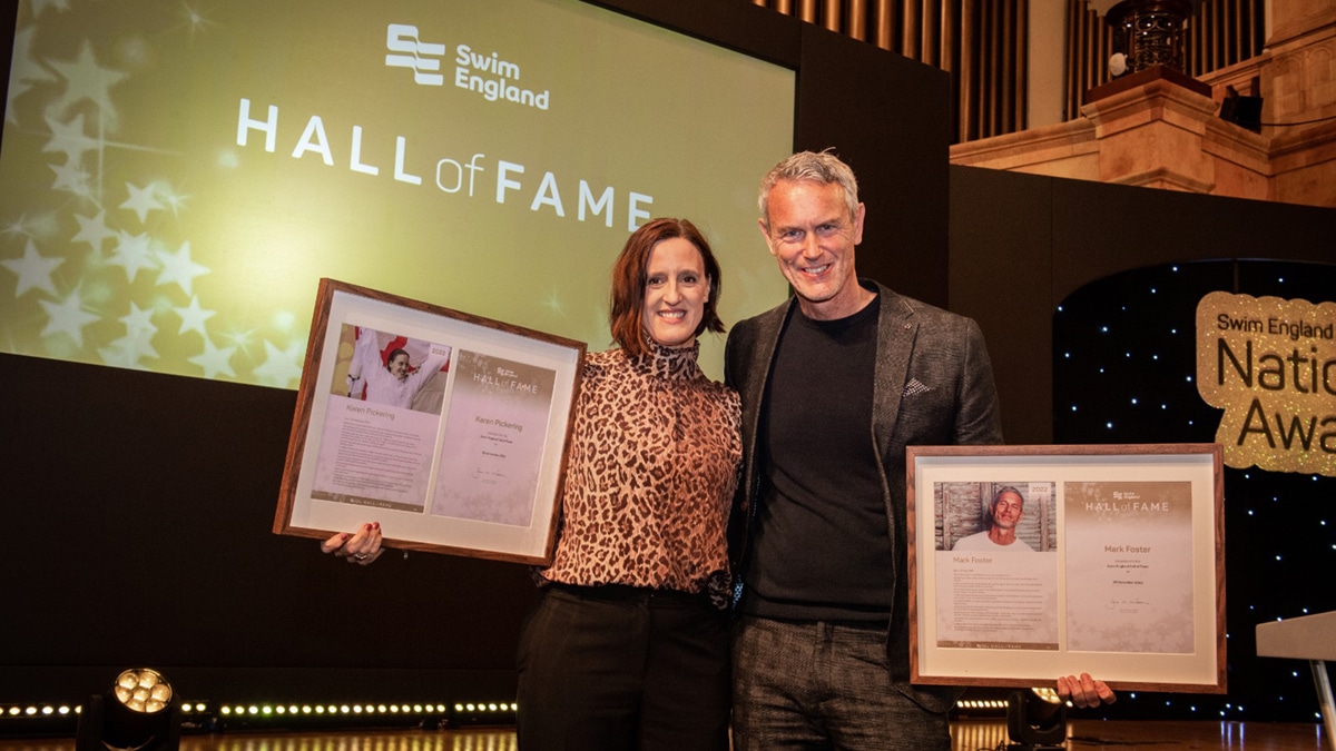 Karen Pickering and Mark Foster after being inducted into the Swim England Hall of Fame